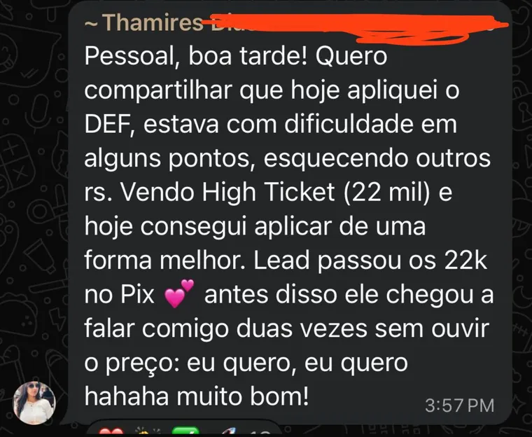 Print de aluno relatando venda high ticket aplicando o Método DEF